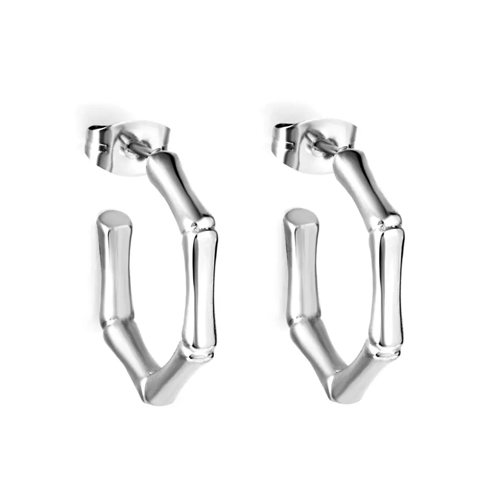 Stainless Steel Hexagon Bamboo C Hoop Earrings asonjewelry